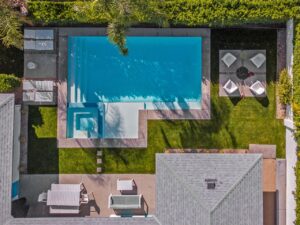 overhead view of a backyard salt water pool